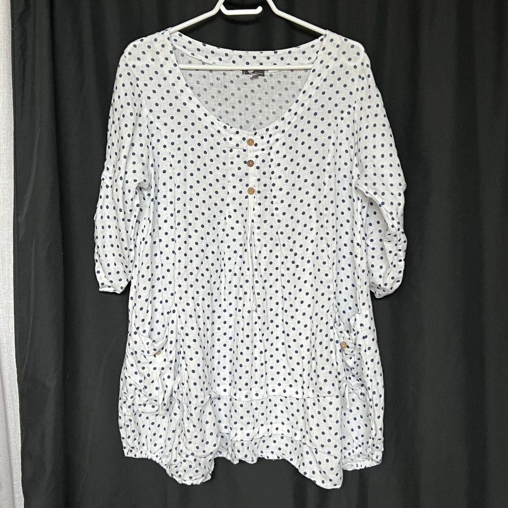 M Made In Italy Dress 100% Linen Sz L White & Blue Polka Dot Lagenlook Pullover
